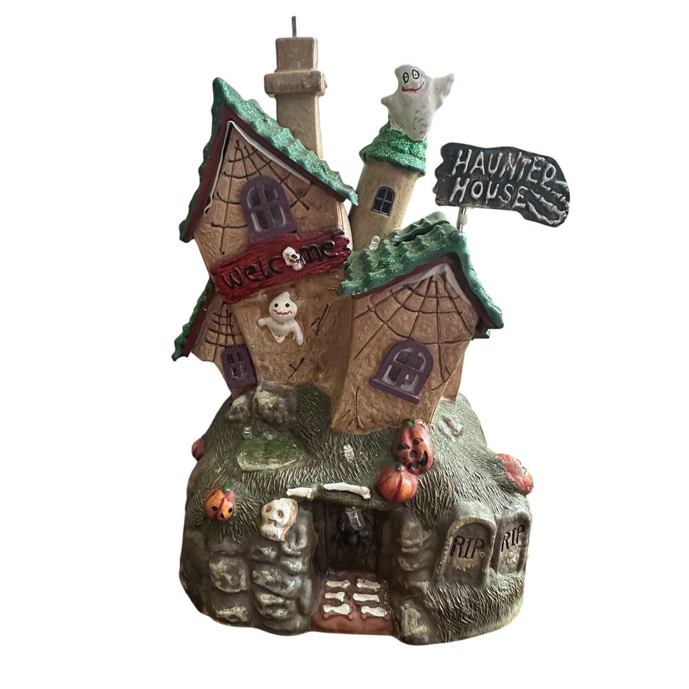 Light Up Haunted House Halloween Village Ghost Pumpkin Resin Decor 9"